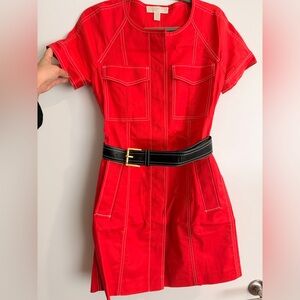 MICHAEL Michael Kors Red Short-Sleeve Mini Dress with Black Belt